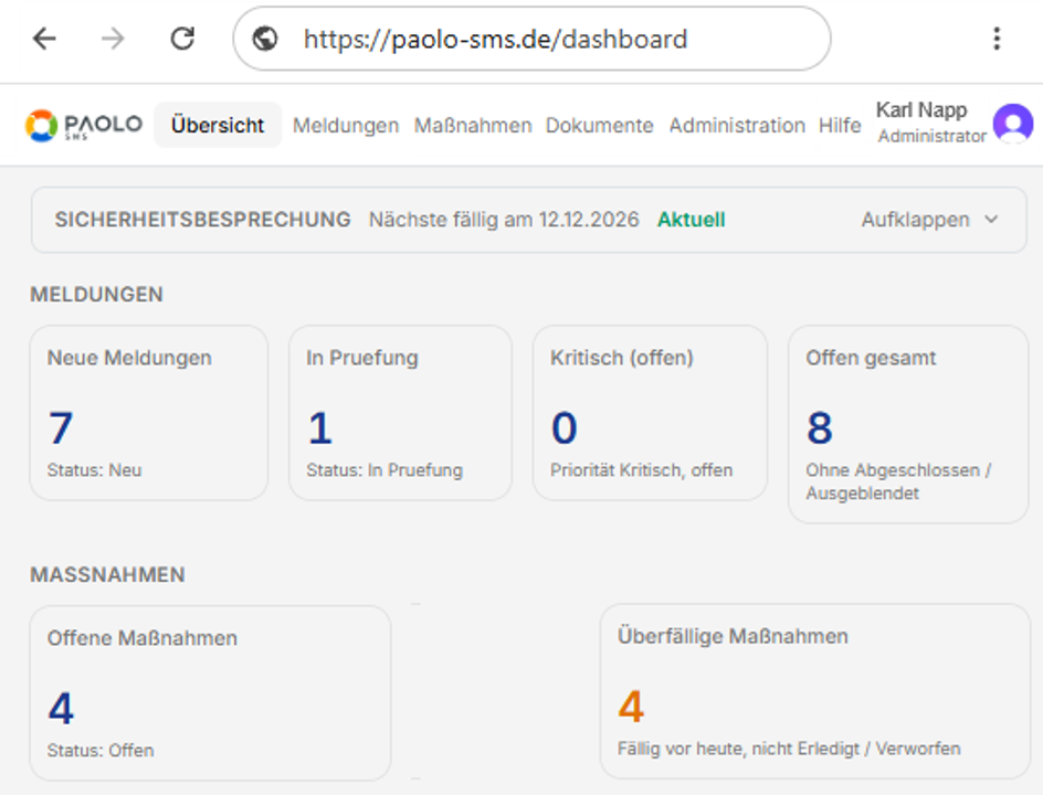 Illustration des Dashboards: Hinweis zur nächsten Sicherheitsbesprechung, Kennzahlen zu Meldungen (neue, in Prüfung, kritische, offene) und zu Maßnahmen (offene, überfällige).