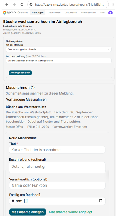 Illustration einer Meldung mit Maßnahme: vorhandene Maßnahme mit Status, Fälligkeitsdatum und Verantwortlichem sowie Formular zum Anlegen einer neuen Maßnahme.