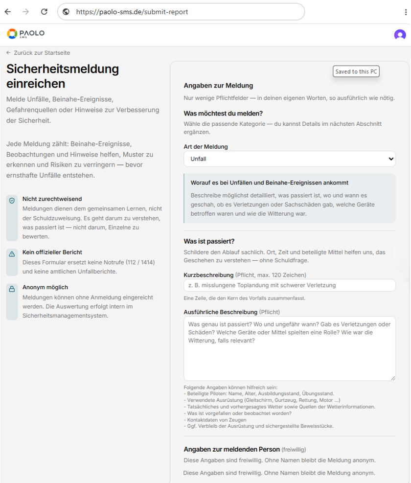 Illustration des öffentlichen Meldeformulars „Sicherheitsmeldung einreichen“: links Hinweise (nicht zurechtweisend, kein offizieller Bericht, anonym möglich), rechts die Felder Art der Meldung, Kurzbeschreibung und ausführliche Beschreibung.