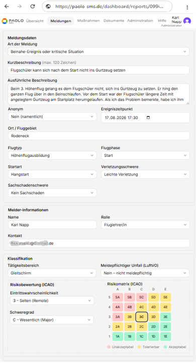 Illustration einer Meldung in der Bearbeitung: Meldungsdaten, Angaben zur meldenden Person und Klassifizierung mit Risikobewertung nach Risikomatrix aus Eintrittswahrscheinlichkeit und Schweregrad.